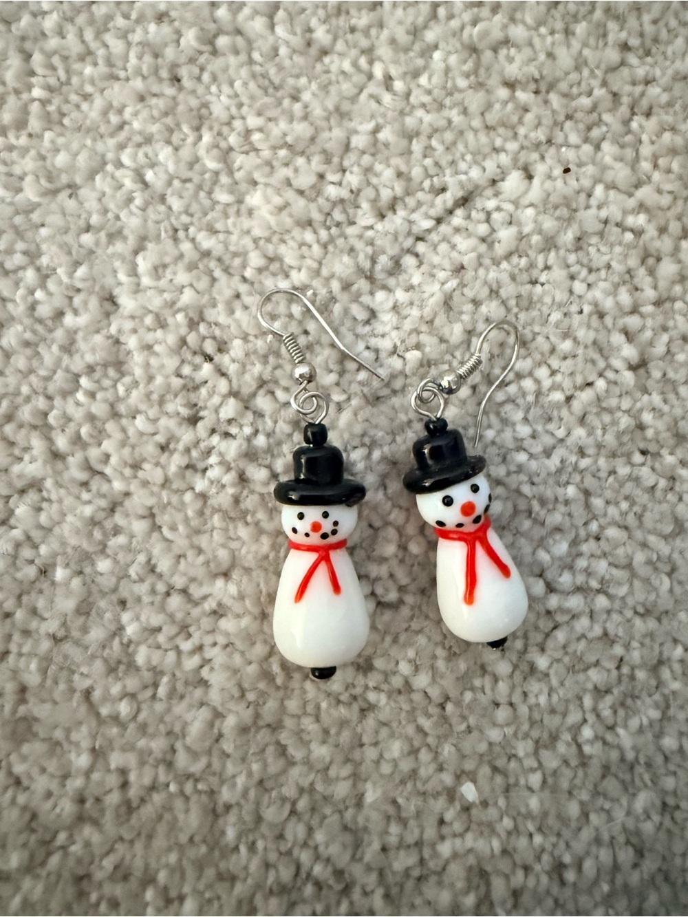 Festive Snowman Glass Bead Earrings - White & Black with Red Scarf